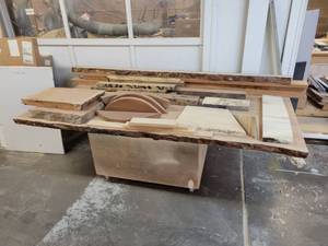 lot 24866 image: Wooden Slab with Wood Cut Outs on Caster Box
