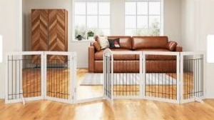 lot 41398 image: PAWLAND 144-inch Extra Wide 30-inches Tall Dog gate with Door Walk Through, Freestanding Pet Pen, Support Feet Included- Retail$141.99