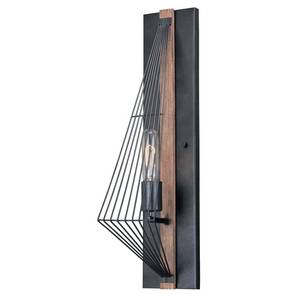 lot 41405 image: Dearborn 1 Light Black Oak Geometric Wire Cage Flush Wall Sconce - 4.5-in W x 21.5-in H x 8-in D- Retail$142.49