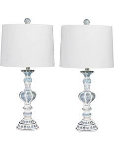 lot 58522 image: Cory Martin W-6238CABL-2PK Fangio Lightings #6238CABL-2PK Pair of 26.5 in. Distressed, Sculpted Candlestick Resin Table Lamps in a Cottage