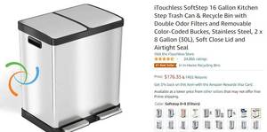 lot 58459 image: Itouchless Softstep 16 Gallon Step Trash Can & Recycle With Double Odor C...