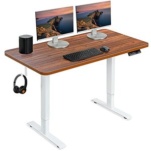lot 55927 image: WOKA Dual Motor Standing Desk, 48 x 24 Inches Adjustable Height Desk, Whole-Piece Tabletop Electric Stand Up Desk with Memory Controller for Home Office (Walnut Top  White Frame)