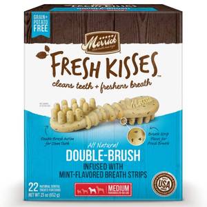 lot 1454 image: Merrick Fresh Kisses Grain-Free Mint Breath Strips Medium Brush Dental Dog Treats, 22 Ct