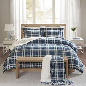 lot 1617 image: 90x90 4pc Garret Plaid Print Sherpa Comforter Set with Throw Navy