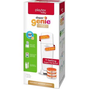 lot 1660 image: Playtex Diaper Genie Complete Diaper Pail, with Built-in Odor Controlling Antimicrobial, Includes 1 Pail and 3 Max Fresh Refills, White, White Pail (10078300115981)