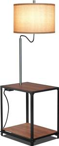 lot 1661 image: Hykolity Floor Lamp with End Table and USB Charging Port, Modern Bedside Nightstand Lighting, Walnut Attached Side Table with Shelves for Living Room, Bedroom, Guest Room, Bulb Sold Separately