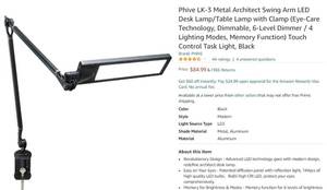 lot 1359 image: Phive LK-3 Metal Architect Swing Arm LED Desk LampTable Lamp with Clamp (Eye-Care Technology, Dimmable, 6-Level Dimmer  4 Lighting Modes, Memory Function) Touch Control Task Light, Black