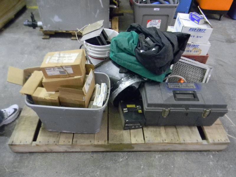 lot 352 image: Duo-Fast Staples, Floor Nails, Filter Bags, Electric Pump, Various Electric Switches and Relays