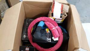 lot 69739 image: Miscellaneous Car accessories Box (carseat covers black and Beige, pink wheel cover, dash cam. Digital Multimeter, power inverte)