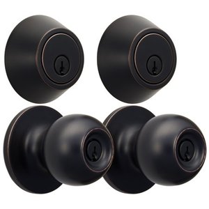 lot 69865 image: Hyper Tough Keyed Entry Ball Style Doorknob and Deadbolt Combo, Oil-Rubbed Bronze Finish, 2 Pack