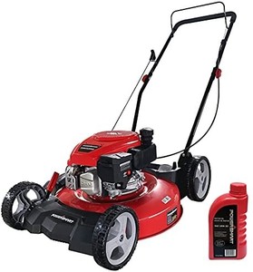 lot 69879 image: MISSING GAS CAP SOILD AS IS PowerSmart Push Lawn Mower Gas Powered - 21 Inch, Side Discharge and Mulching Lawn Mower with 144cc OHV 4-Stroke Engine, 5 Adjustable Heights 1.18-3, Oil Included