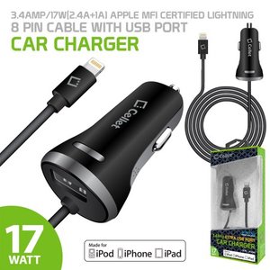 lot 69902 image: Cellet 17W3.4Amp (2.4A  1A) Apple Certified Lightning Cable with USB Port Car Charger for iPhone 7, 7Plus, 8, 8Plus , X - Black