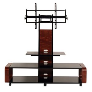 lot 19907 image: TransDeco Curved Wood TV StandCart with Universal Mounting System for 35 to 85 inch TV, Dark Oak