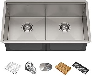 lot 19925 image: KRAUS KWU112-33 Kore Workstation 33-inch Undermount 16 Gauge Double Bowl Stainless Steel Kitchen Sink with Integrated Ledge and Accessories