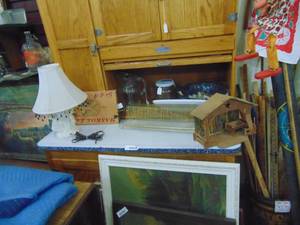 lot 3868 image: Contents of Top - Enamelware Strainer - Vintage Card Games - Lamp and More