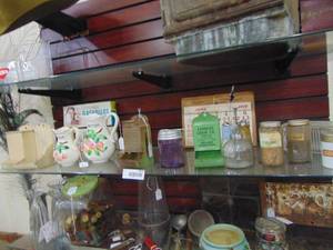 lot 3871 image: Contents of 2nd Shelf - Match Holders - Apothecary Jars - Syrup Dispensers