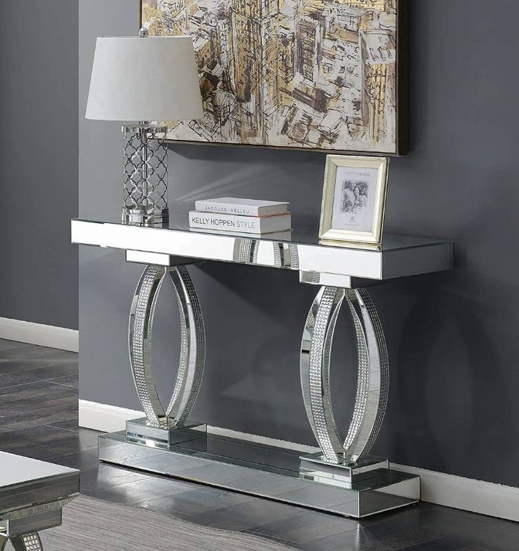 lot 20707 image: Coaster Home Furnishings Rectangular Shelf Clear Mirror Sofa Table, Silver - Retail $730.91