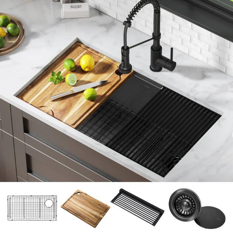 lot 20730 image: 32 L x 19 W (KWU110-32PGM) - PVD Gunmetal- KRAUS Kore Workstation Undermount Stainless Steel Kitchen Sink - Retail$499.95