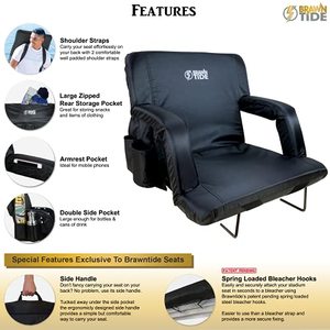 lot 1583 image: BRAWNTIDE Stadium Seat with Back Support - 2 Pack, Comfy Cushion, Thick Padding, 2 Steel Bleacher Hooks, 4 Pockets, Ideal Stadium Chair for Bleachers, Sporting Events, Camping (Black, Regular Size)