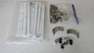 lot 1594 image: Lot of 14 (28 Pieces Total) Drawer Slides Measuring at 13�, 8 Silver Plastic Handles, 3 Locking Mechanisms with Keys, and a Bag of Miscellaneous Screws and Pieces