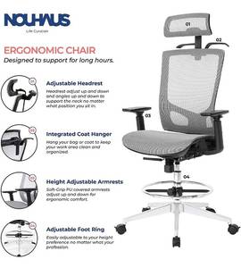 lot 1601 image: NOUHAUS ErgoTASKErgoDRAFT � Ergonomic TaskDraft Chair, Computer Chair and Office Chair with Headrest. Rolling Swivel Chair with Wheels (Grey, ErgoDraft)