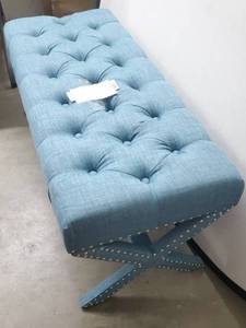 lot 1616 image: Blue Linen Button Tufted Bench with Silver Nailhead Trim 20h19w45l