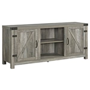 lot 15 image: Walker Edison 58 Farmhouse Barndoor TV Stand in Gray Wash