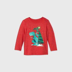 lot 31022 image: Toddler Boys T-Rex Christmas Tree Graphic Long Sleeve T-Shirt - Cat & Jack Red 3T