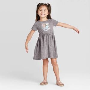 lot 31052 image: Toddler Girls Disney Frozen Short Sleeve Elsa and Anna Dress - Gray 3T