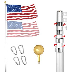 lot 6862 image: YDisplay 20ft Flag Pole Telescoping Kit-Outdoor 16 Gauge Aluminum Flagpole with 3x5 American Flag, Golden Top Ball and Clips- Outdoor Flag Pole Inground for Yard Patio Garden- Can Fly 2 Flags