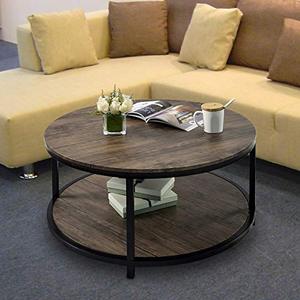 lot 6867 image: Round Coffee Table Rustic Vintage Industrial Design Furniture Sturdy Metal Frame Legs Sofa Table Cocktail Table with Storage Open Shelf for Living Room, Easy Assembly, Gray Brown