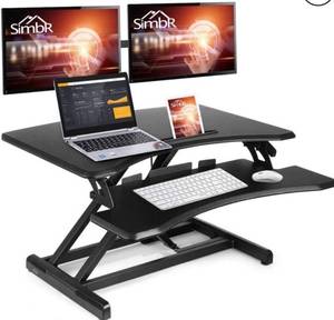 lot 6870 image: SIMBR Standing Desk Converter 30.2 Inch Computer Desk for Home Office Sit to Stand Desk Height Adjustable Gas Spring Desk Riser Stand up Desk Workstation with Keyboard Tray