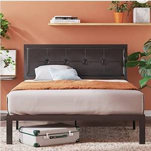 lot 6882 image: Zinus Cherie Faux Leather Classic Platform Bed Frame with Steel Support Slats