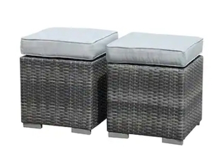 lot 6726 image: Set of 2 Outdoor Patio Rattan Ottomans Cushioned Seat Wicker Stools Retail$102.99
