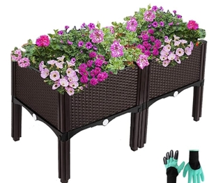 lot 6755 image: Elevated Planters Raised Garden Beds Plastic, Vegetables Plant Raised Bed Kits, Herbs Flowers Growing Box Container with Legs & Drainage Holes for Garden Patio Balcony Restaurant, Brown (2 Packs)