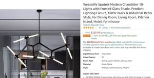 lot 6761 image: Weesalife Sputnik Modern Chandelier 10-Lights with Frosted Glass Shade, Pendant Lighting Fixture, Matte Black & Industrial Retro Style, for Dining Room, Living Room, Kitchen Island, Hotel, Farmhouse