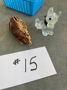lot 15 image: Glass Scottie dog candy containertrinket, painted porcelain bunny coin bank.