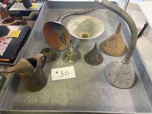 lot 30 image: Misc Lot of Metal Funnels, 1 oil can.