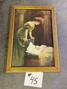 lot 45 image: Woman looking over sleeping baby vintage print in gold like frame.