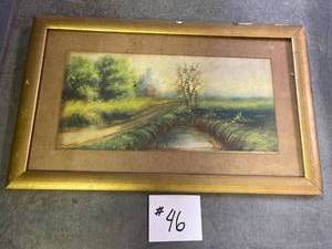 lot 46 image: Landscape by river print in antique frame, some wear and tear on frame.