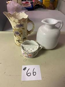 lot 66 image: Misc Lot of Frankoma Pitcher, Mustache Shaving Mug, and R. Hanke Porcelain Pitcher