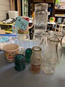 lot 94 image: Misc Lot of Glass Mason Jars, Electrical Insulators, Campbells Mugs, Glass Milk Bottles