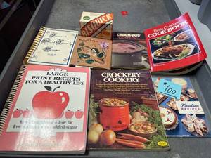 lot 100 image: Misc Box Flat of Cookbooks and Recipe Holding Tin