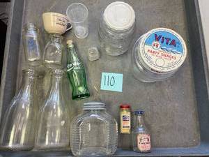 lot 110 image: Misc Box Flat of Glass for Products, Soda Bottle, Milk Jar, Pickle Jar, Snack Jar