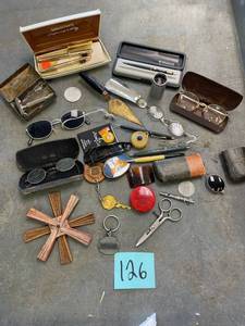 lot 126 image: Misc Box Flat of Treasures, pens, glasses, keys, etc.