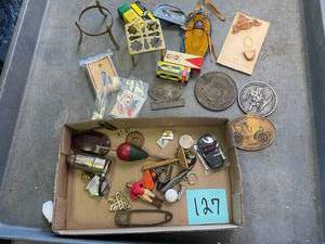 lot 127 image: Misc Box Flat of Treasures, paper weights, electric radio tubes, fishing bobbers.