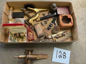 lot 128 image: Misc Box Flat of Treasures wrist watches, lighters, pocket knives.