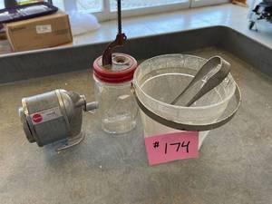 lot 174 image: Apsco Giant Pencil sharpener, Kerr jar with lid, Glass ice bucket with tongs.
