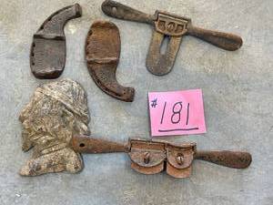 lot 181 image: Antique cast iron Wood Spoke Shavers, donkey shoes, Lead bust head.