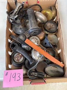 lot 193 image: Misc Box Flat of Candlestick Phone Parts and Phonograph Parts